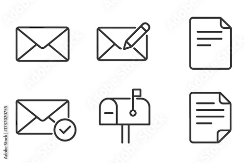 Mail and message line icon set. Vector collection for communication and contact. Includes envelope, letter, document, mailbox, write and send symbols for web and UI design.