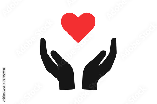 Vector flat glyph icon of empty hands receiving a red heart. A symbol for love, kindness, donation, help, charity, philanthropy, volunteering, support and compassion concept.