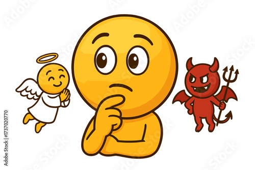 Emoticon with angel and devil on shoulders. Good vs bad conscience. Moral choice dilemma. Metaphor for internal conflict, temptation and ethics. Right and wrong decision.