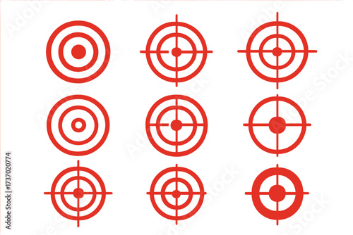 Target vector icon set. Red bullseye and crosshair symbols collection. Aim, goal, focus, mission, and objective concepts. Business marketing strategy and success pictogram.