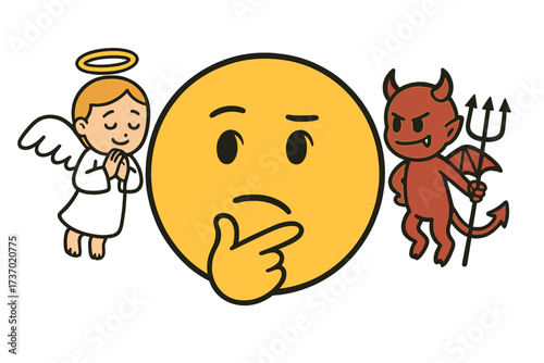 Emoticon with angel and devil on shoulders. Good and bad conscience concept. Moral dilemma, internal conflict, ethics and choice. Psychology of decision making. Good vs evil.
