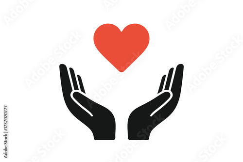 Hands receiving red heart vector glyph icon. Concept of charity, donation, help, kindness, and support. Symbol of love, volunteering, philanthropy, and social aid. Health care.