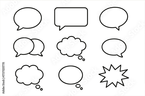 Set of speech bubbles and thought bubbles. Vector line art icons for communication, chat, and messages. Collection of comic style dialogue and thinking balloons. Outline design elements.