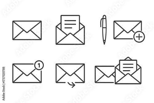 Mail and email message vector line icon set. Communication, contact and correspondence concept. Envelope, letter, notification, send, receive, new, and pen symbols for web design.