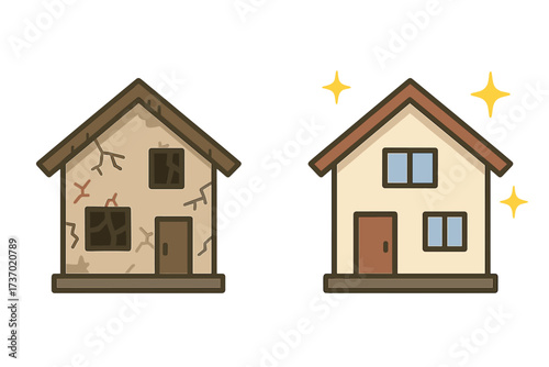 House renovation before and after. Home repair and improvement concept. Old dilapidated building vs new clean property. Real estate investment and house flipping vector illustration.