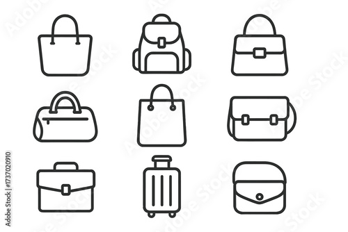 Editable vector line art icon set of various bags and luggage with transparent background, outline style, including backpacks, handbags, briefcases, and suitcases, versatile design collection