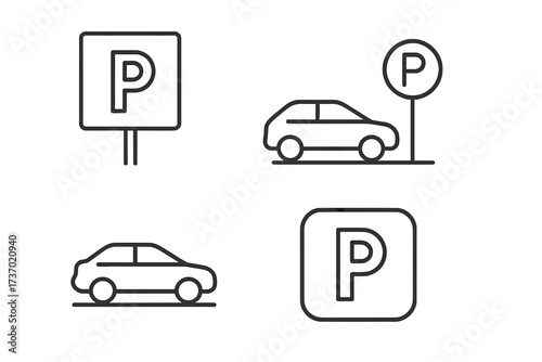 Editable line art workplace parking icons set with outlined and non-outlined vector illustrations, transparent background, organized parking signs and car symbols collection