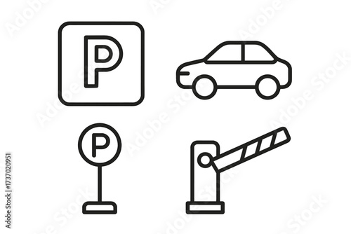 Editable Line Outline Parking and Car Icon Set, Workplace Parking Symbols, Parking Barrier and Parking Sign Vector Illustrations, Transparent Background, Organized Design