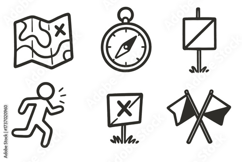 Hand drawn orienteering icon set with map and compass. Vector cartoon illustration for sport competition, adventure race or treasure hunt. Navigation and running symbols.