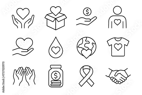 Charity and support icons set with heart symbols, donation hands, fundraising concepts, awareness ribbon, global love, and handshake vector illustration for social causes and kindness