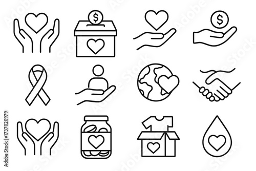 Charity and Donation Icons Set, Heart Care Symbols, Support Hands, Fundraising and Volunteer Concepts, Love and Kindness Vector Illustrations, Global Aid and Giving