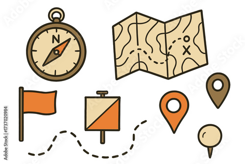 Hand drawn orienteering elements set. Vector cartoon icons for navigation, travel, adventure, and hiking. Includes compass, map, route, location pin, and geocaching flag.