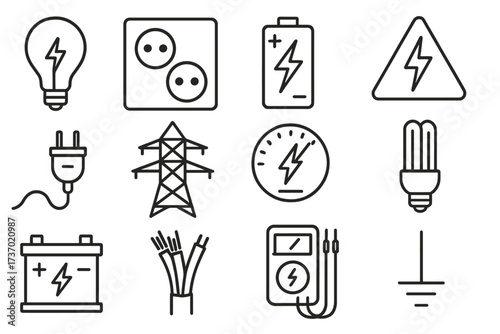 Electrical icons set with high voltage symbols, battery, power plug, light bulbs, energy meter, power lines, electrical wires, multimeter, grounding, vector illustration