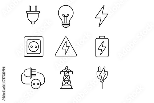 Electric power line art icon set with transparent background, electricity symbols bundle including light bulb, plug, outlet, battery, and high voltage signs for energy and technology