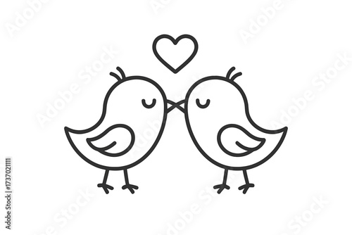 Love birds couple kissing. Cute cartoon birds in love with heart. Vector line icon for Valentine's day, romance, wedding, relationship. Animal character lovebirds illustration.