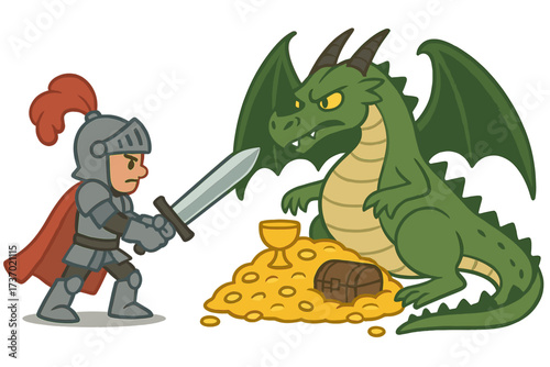 Brave knight with sword confronts a fierce dragon guarding a treasure hoard. Medieval fantasy battle scene with gold coins and chest. Vector cartoon character illustration.