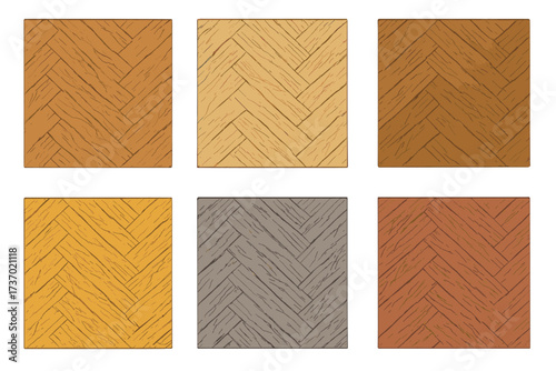 Set of six wooden parquet floor texture samples. Herringbone pattern wood flooring collection. Different color swatches for interior design constructor. Flat vector illustration.