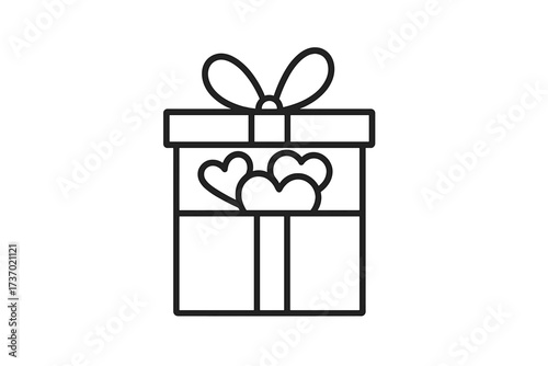 Gift box with hearts thin line icon. Present with love symbol for Valentine's day, wedding, or anniversary. Romance, dating, and charity concept vector illustration.