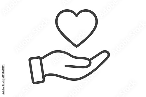 Hand holding heart line icon. Vector symbol of love, charity, health, and compassion. Concept for donation, volunteering, romance, and support. Minimalist outline pictogram.