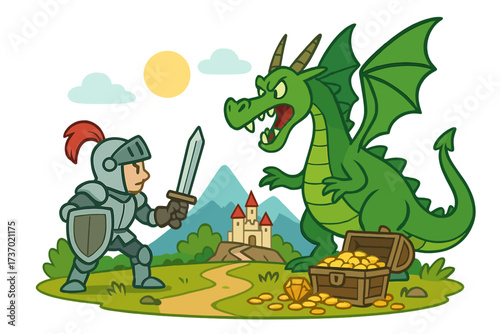 Brave knight with sword and shield fights a fierce green dragon. Epic fantasy battle for treasure and castle. Cartoon vector illustration of a medieval hero versus a monster.