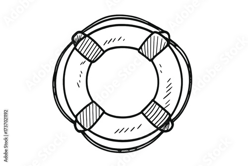 Life buoy doodle vector illustration. Hand-drawn life preserver sketch for concepts of help, rescue, safety, support, and survival. Nautical marine safety equipment icon isolated.