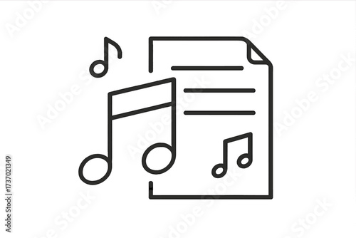 Modern thin line music icon with notes and sheet. Vector for song, melody, or audio concepts. Symbol for playlist, composer, lesson, or musical score. Simple outline pictogram.