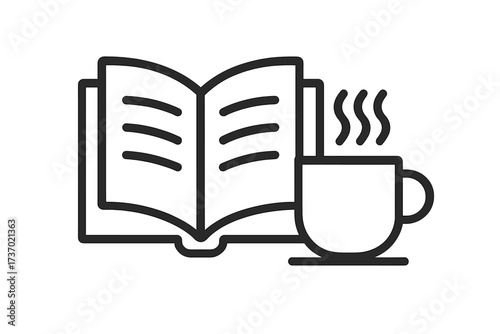 Open book and hot coffee or tea cup. Modern thin line icon. Vector illustration for leisure, knowledge, studying, reading, education, library, learning, relaxing break.
