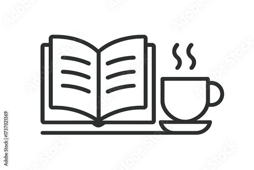 Open book with coffee or tea cup thin line icon. Concept for reading, study, knowledge, education, library, and leisure. Modern vector illustration for breakfast, hobby, relax.