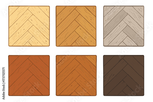 Wooden parquet texture set. Six herringbone floor pattern samples. Interior design constructor elements. Hardwood flooring material in different wood colors. Vector illustration.
