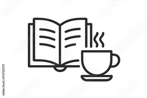 Open book and hot coffee or tea cup. Thin line icon for reading, library, literature. Concept for education, knowledge, studying, learning. Vector symbol for leisure and break.