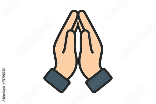 Folded hands icon representing prayer, charity, support, and hope. Vector illustration of a religious symbol for faith, please, thank you, begging, and worship. Humanitarian aid concept.
