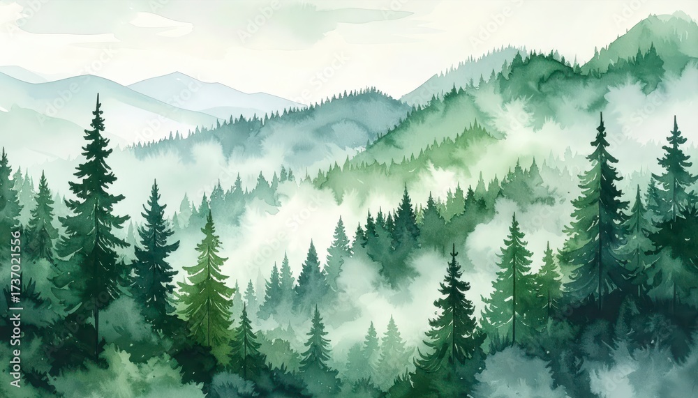 Fototapeta premium Green landscape of foggy forest winter hill. Wild nature frozen misty taiga. watercolor background. Serene woodland panorama cold mount. pristine environment icy clouded boreal