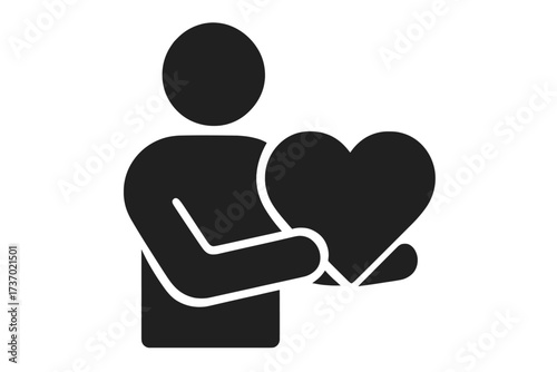 Person holding heart icon. Flat glyph vector for charity, donation, volunteering. Concept of love, support, health care, social help, kindness, compassion. Life insurance.