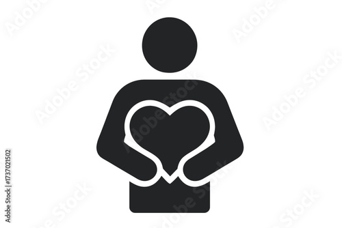 Person holding heart icon. Vector flat glyph illustration for helping, volunteering, donation, charity. Symbol of love, compassion, kindness, hope, and support. Humanitarian aid.