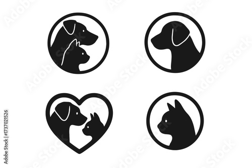Pet logo set with dog and cat head silhouettes. Vector icon collection for veterinary clinic, pet shop, or animal care brand. Heart and circle frame designs. Isolated on white.