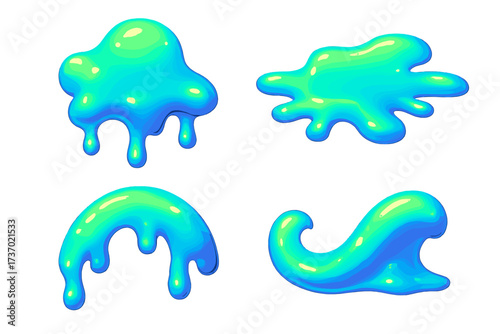 Set of 3D liquid slime shapes in Y2K style. Vector illustration of plastic melt, fluid goo drips and splats. Aesthetic futuristic 90s retro cyber design elements isolated.
