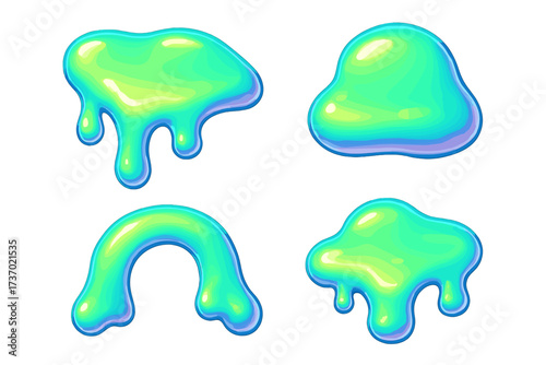 Set of green slime shapes in y2k style. Collection of glossy liquid blobs, drips, and fluid forms. Abstract 3d rendered plastic melt elements. Trendy 90s futuristic vector.