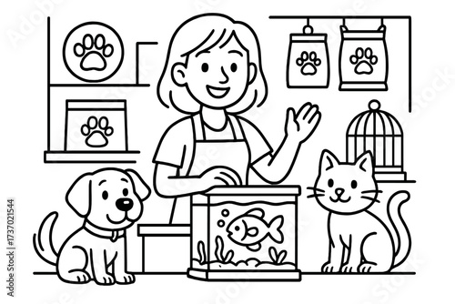 Pet shop line art with smiling attendant, dog, cat, and fish in an aquarium. Vector cartoon illustration for coloring page. Animal care, pet store interior with supplies.