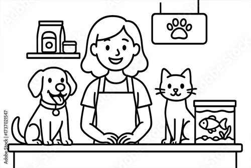 Pet shop with smiling assistant. Vet clinic concept. Cartoon dog, cat, fish in aquarium. Line art vector for coloring book. Animal care, grooming, food supplies and adoption.