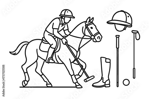 Polo sport icon set with player riding horse and game equipment. Vector line art illustration of equestrian athlete with mallet, helmet, boot, and ball. Outline graphic design.