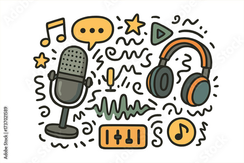 Podcast doodle design with microphone, headphones, and audio elements. Vector cartoon illustration set for radio, streaming, broadcast show. Music, sound wave, speech icons.