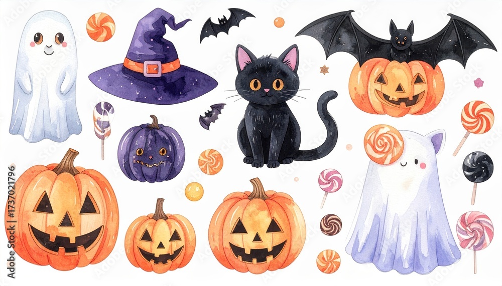 Fototapeta premium Fun and cute Halloween icon set including ghosts pumpkins black cats bats hats candies and lollipops. Watercolor style perfect for kids and holiday themes. Festive october clip art