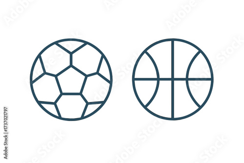 Soccer and basketball ball line icon set. Football symbol. Sports equipment for team game, match or physical education. Modern minimal vector outline illustration.
