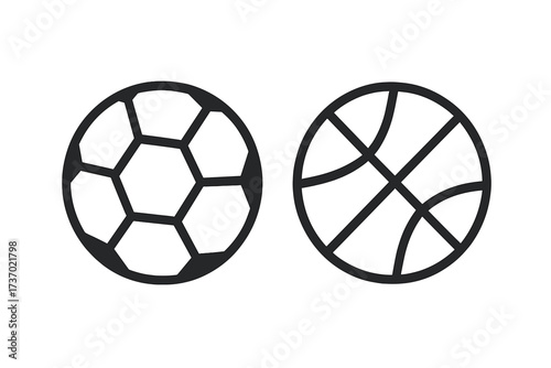 Soccer and basketball icons. Football and basketball symbols. Sports equipment for team games, physical education, and competition. Vector line art illustration set.