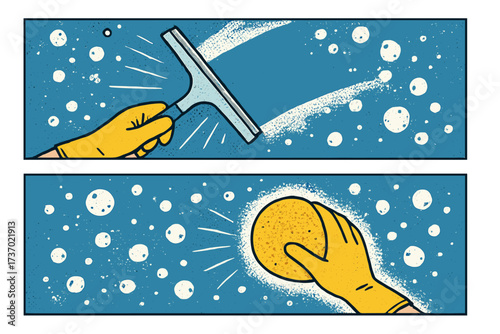 Spring cleaning concept. Hand in yellow rubber glove cleans window with squeegee. Disinfecting tile with sponge. Hygiene and housework banners. Halftone vector illustration.