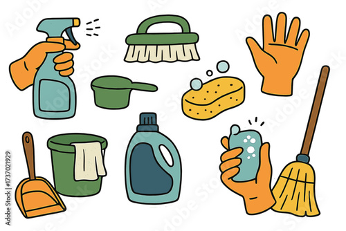 Cleaning service icon set. Household chores vector collection. Spring cleaning tools and products flat illustration. Disinfection and hygiene concept with spray, brush and soap.