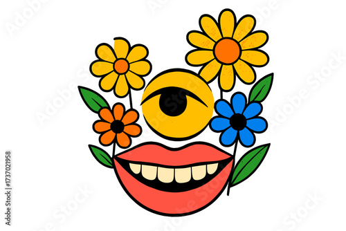Abstract face collage with smiling lips, eye and flowers. Pop art vector for good mood, positive emotion. Retro psychedelic spring vibes banner with halftone texture concept.