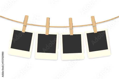 Set of empty photo frames hanging on a rope with wooden clothespins. Instant picture mockup for your design. Nostalgic memory gallery template isolated on white background.