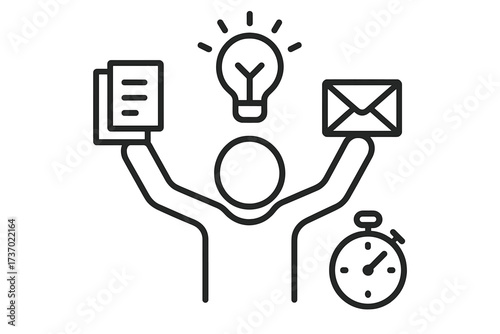Trendy thin line vector icon of a person multitasking efficiently with paper files, email, stopwatch symbolizing productivity, creativity, and time management in work progress