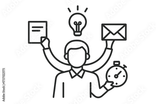 Vector illustration of a multitasking person managing tasks efficiently with paper, email, stopwatch, and creative idea light bulb, productivity concept